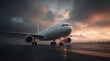 Obraz premium airplane on the runway at sunset