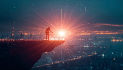 Visionary leader embraces bright future of innovation on cliff edge overlooking vibrant city lights, symbolizing progress and new beginnings