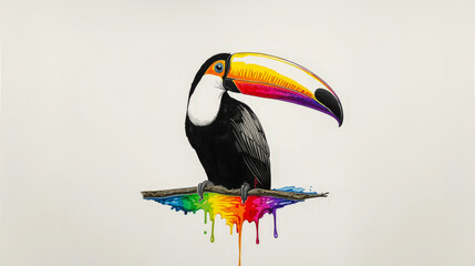 Naklejka premium A vibrant watercolor painting of a Toco Toucan perched on a branch, featuring its striking black plumage and large, colorful beak. Ideal for tropical, nature, and art themes.