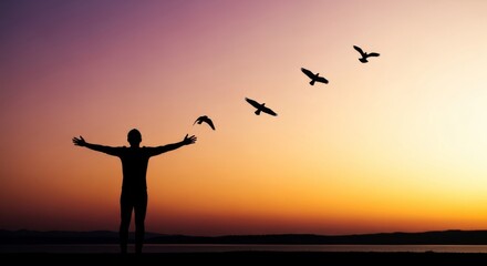 Silhouette man and dove birds flying, concept as hope and freedom