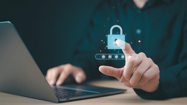 Person s hand touching a digital padlock icon with password dots on a laptop screen representing online security and data protection