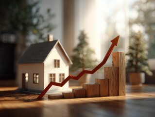 Miniature house wooden block chart rising arrow real estate property value housing market investment home price increase domestic interior sunlight