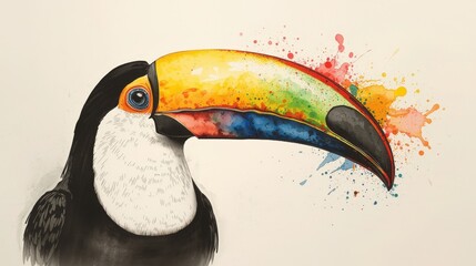 Naklejka premium A vibrant watercolor painting of a Toco Toucan perched on a branch, featuring its striking black plumage and large, colorful beak. Ideal for tropical, nature, and art themes.