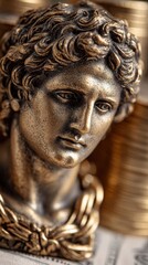 Fototapeta premium Close up shot of a golden bust sculpture, accentuated by a soft light, set against gold coin stack.