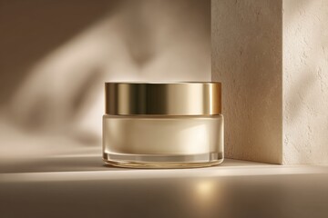 A warm beam of soft light illuminates a refined cream jar with a golden lid against textured neutrals
