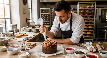 Chef decorating artisanal panettone in bakery kitchen, candid professional scene.
