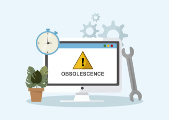 Obsolescence Alert on Computer Monitor with Tools and Timer. Device aging, repair needs, and product expiry concept. Ideal for maintenance or industrial presentation. Flat style. Vector illustration