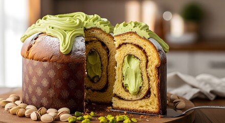 Panettone with pistachio cream filling, slice lifted to reveal interior, gourmet food shot.