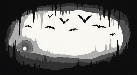 Silhouette of a bat colony flying out of a dark cave entrance.