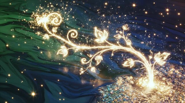 Golden Glittering Plant Growth Against Abstract Green and Blue Background Shining Brightly Creates a Dreamy Effect Animated Design for Adobe Stock