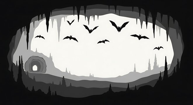 Silhouette of a bat colony flying out of a dark cave entrance.