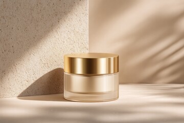 A luxurious cream jar glows softly in warm light against elegant neutral textures