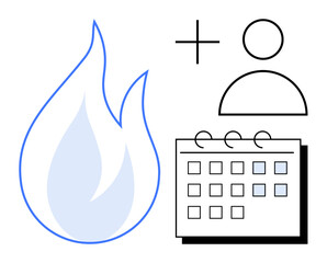 Flame, calendar, and user icon depicting urgency, scheduling, time management, productivity, task prioritization and project planning. Ideal for deadlines goals burnout and organization. Simple