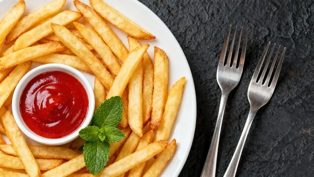 Golden french fries served on a white plate with ketchup and mint, accompanied by two forks on a dark surface