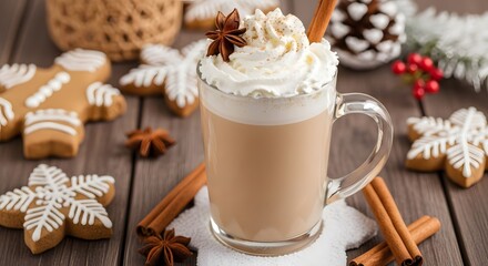 Gingerbread latte topped with whipped cream and spices, festive Christmas d&eacute;cor.