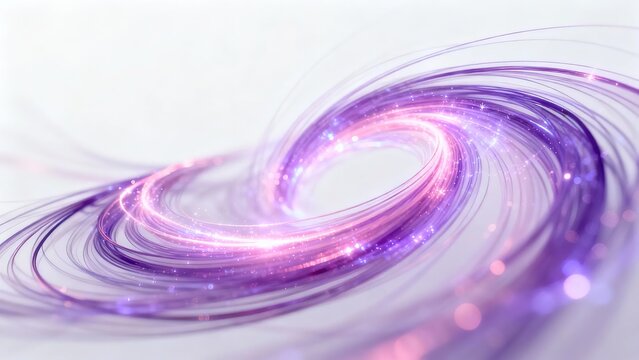 Abstract swirling pattern with purple and pink hues, glowing light trails, and sparkling particles on a soft white background