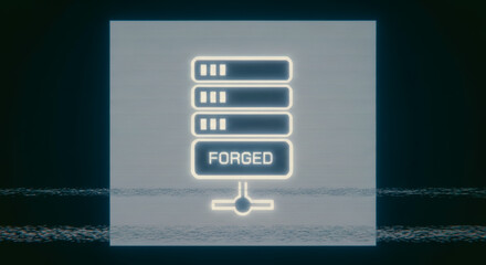 A conceptual representation of data security, featuring a server icon with the word forged, set against a tech-inspired background, suggesting a digital environment. 
