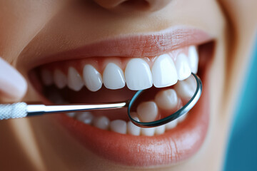 High quality close-up of a dental exam with a mirror reflecting clean white teeth. Professional dental check-up. Ideal for promoting dental clinic, oral hygiene services, preventive dentistry.