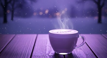 Warm lavender milk tea at nighttime, soft purple lighting, calm winter vibe.