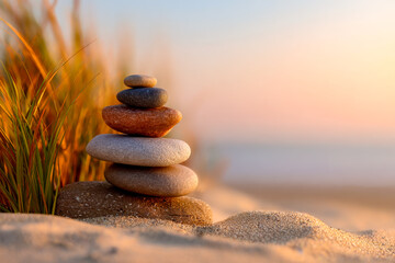 Balanced stack of stones on sandy beach at sunset
