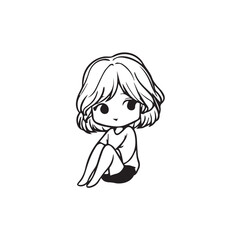 Beautiful Kawaii Girl Black and White Vector Illustration in Cute Simple Line Art Style