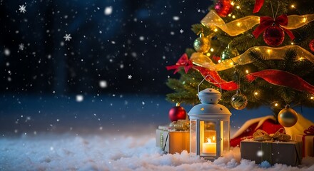 Cozy christmas eve scene with glowing lantern presents and decorated tree in falling snow