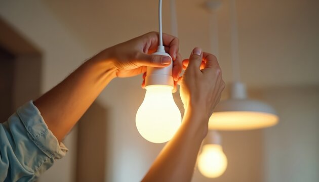 Close up photo shows woman replacing light bulb. Hands twist new led lamp into fixture. Person installs bulb in home. Energy saving modern equipment. - Powered by Adobe