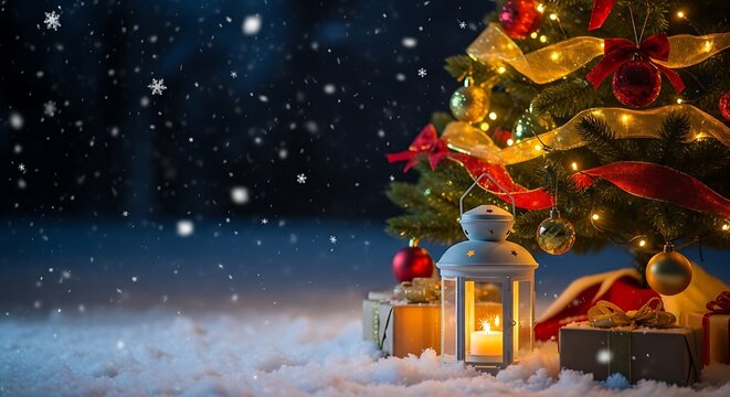 Cozy christmas eve scene with glowing lantern presents and decorated tree in falling snow