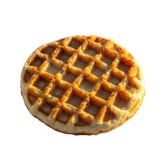 Round golden brown waffle with a grid pattern bathed in warm sunlight casting a soft shadow isolated on a black background