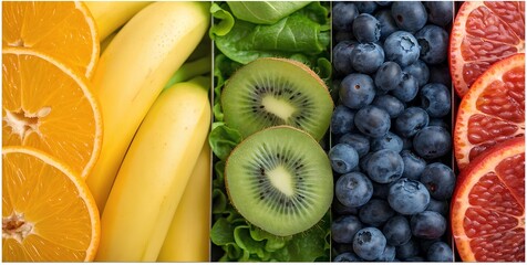 Fresh fruits and berries, Vibrant assortment of fresh fruits and vegetables for healthy eating,A colorful collage showcasing sliced oranges, carrots, kiwi, blueberries, and grapefruit.