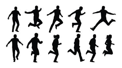 Dynamic running and jumping human silhouettes isolated on white background, Vector
