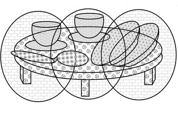 Doodle art with elements of a dining table and stacked cutlery. Suitable as a food packaging design element and coloring page.line art  combination  with abstract pattern 