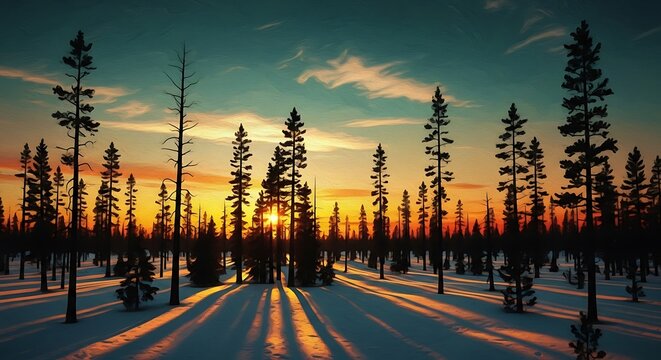 Silhouetted evergreen trees in a snowy forest during a vibrant sunset