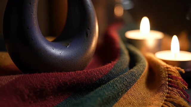 Moody Still Life with Blue Torus on Striped Fabric and Warm Candlelight Creates Intimate Atmosphere on Dark Brown Background Optimized for Adobe Stock