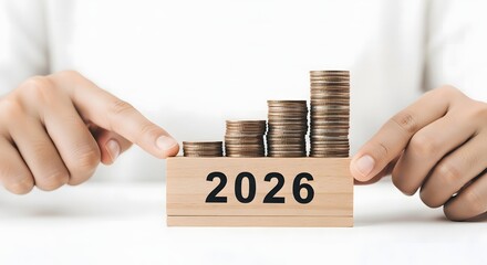 Hands pointing at stacked coins forming a graph for 2026