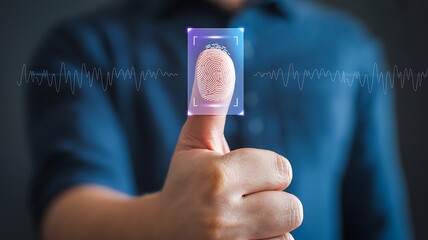 Close up of a thumb with a biometric fingerprint scan overlayed representing digital security and identity verification in a futuristic technological concept
