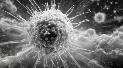 Immune cell with spiky surface radiating filaments in microscopic environment, dramatic high contrast grayscale medical illustration conveying urgency and intensity