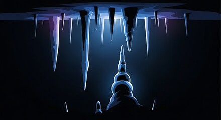 Sharp Icicles Hanging from a Dark Ceiling with a Mysterious Ice Formation Below.