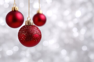 Obraz premium Holiday Baubles: Three festive red ornaments with subtle sparkle, gracefully suspended against a shimmering, festive backdrop, exuding warmth and the holiday spirit.