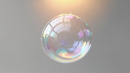 Single iridescent soap bubble with rainbow reflections floating against a neutral background, representing fragility and fun.