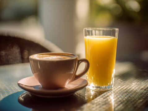 A warm cup of coffee with frothy latte art beside a tall glass of fresh orange juice set on a sunlit glass table creating a cozy morning atmosphere - Powered by Adobe