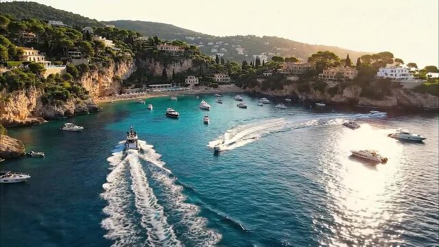 Luxury yachts cruising along the French Riviera coastline in the summer sunshine