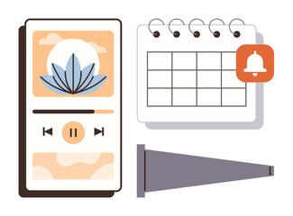 Meditation app on smartphone, calendar for planning daily routine, reminder bell, and focus cone. Ideal for mindfulness, productivity, time management, routine setup, reminders wellness self-care