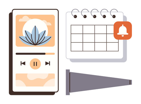 Meditation app on smartphone, calendar for planning daily routine, reminder bell, and focus cone. Ideal for mindfulness, productivity, time management, routine setup, reminders wellness self-care