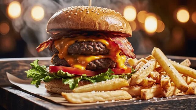 Juicy double bacon cheeseburger with melted cheddar cheese and crispy fries, served on a wooden board with a smoky background animated 4k video