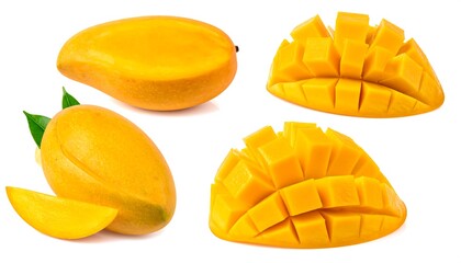 Fototapeta premium Four views of fresh mangoes; whole, diced, with leaves, and cut slices
