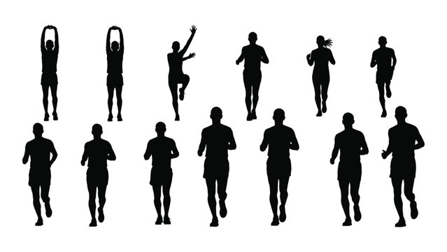 Running and stretching people silhouettes isolated on white background, Vector