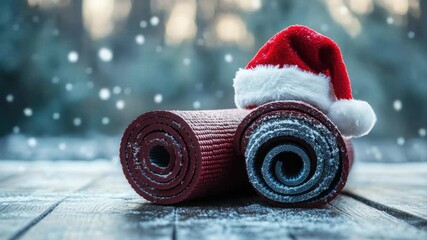 Rolled yoga mats topped with a red Santa hat rest on a wooden deck as snow falls, capturing winter wellness, holiday fitness, and mindful outdoor relaxation