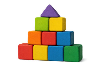 Building colorful wooden toy blocks forming a pyramid, stacking shapes for early childhood education, transparent background