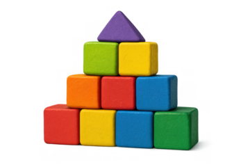 Building colorful wooden toy blocks forming a pyramid, stacking shapes for early childhood education, transparent background